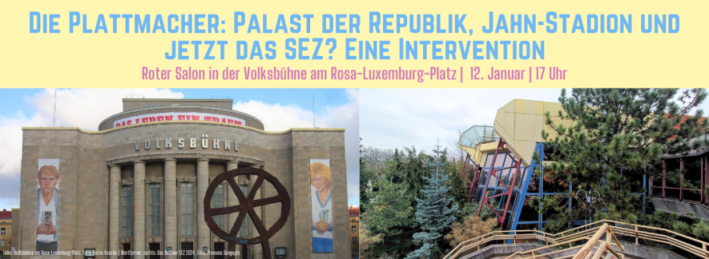 Am 12. Januar wird Gemeingut mit Podiumsgästen und Publikum im Roten Salon der Volksbühne am Rosa-Luxemburg-Platz über das Berliner Sport- und Erholungszentrum (SEZ) diskutieren. Aber wir wollen nicht nur reden, sondern das Thema auch künstlerisch behandeln – man darf gespannt sein!